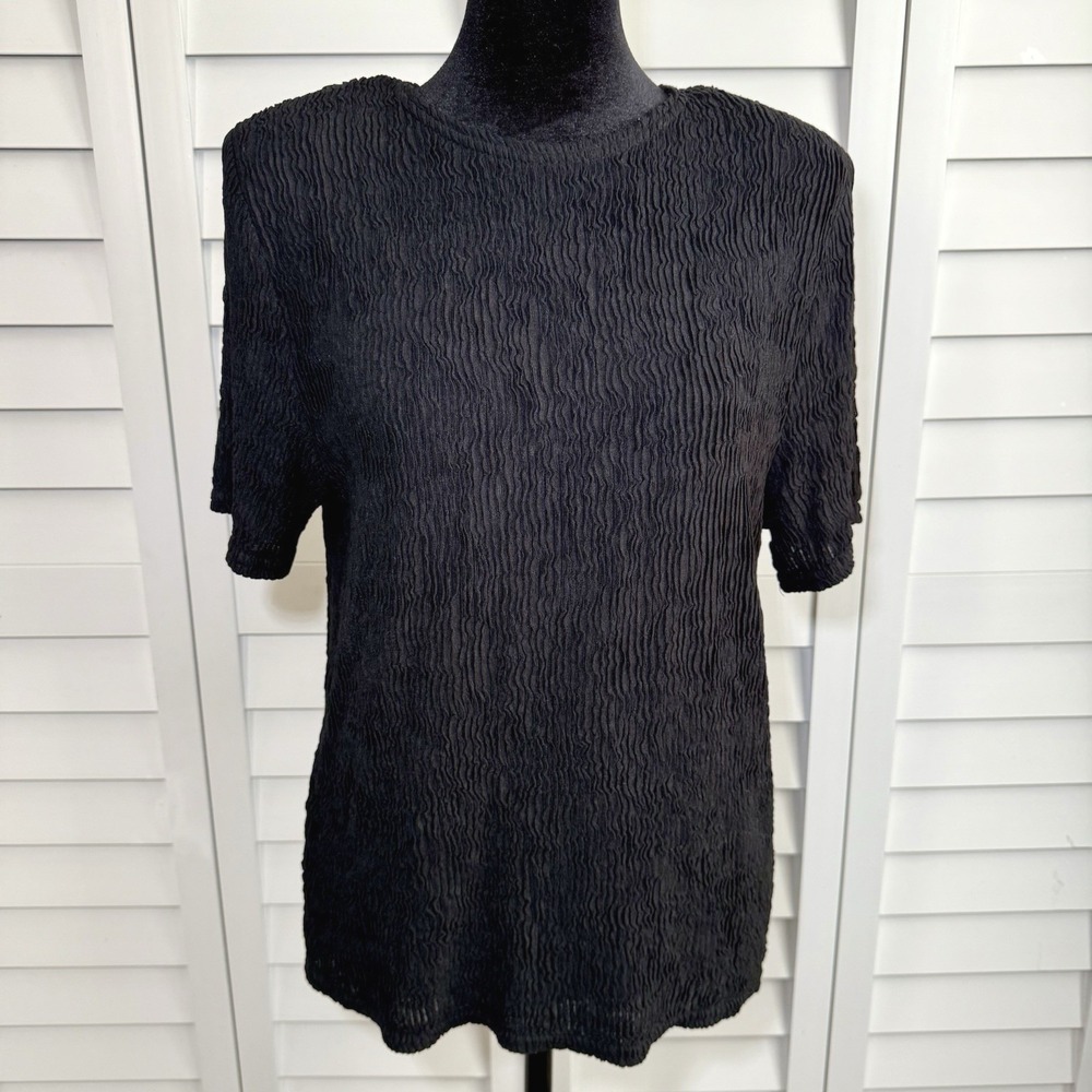 Vintage‎ 80s 90s Gloria Lance Womens Petite M Black Crinkle Blouse Shoulder Pads